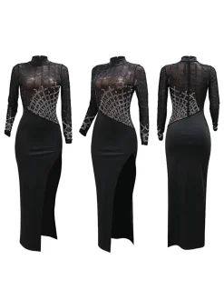 Rhinestone Mesh Maxi Split Dress