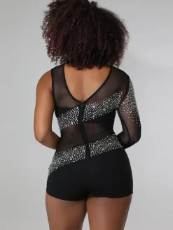 Rhinestone Mesh Patchwork Zip Up Short Jumpsuit