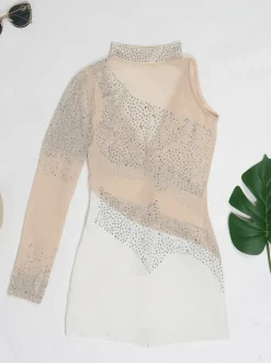 Rhinestone Mesh Patchwork Zip Up Short Jumpsuit