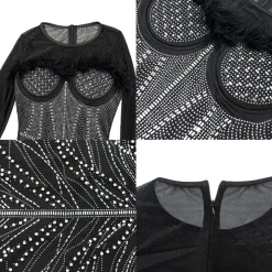Rhinestone Mesh Patchwork Feather Mini Dress