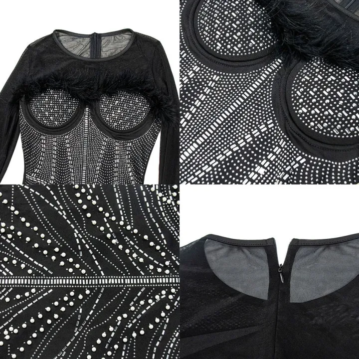 Rhinestone Mesh Patchwork Feather Mini Dress
