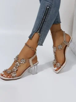 Rhinestone Patchwork Chunky Open Toe Heel