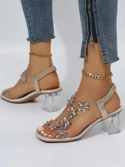 Rhinestone Patchwork Chunky Open Toe Heel