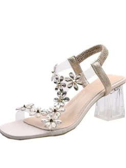Rhinestone Patchwork Chunky Open Toe Heel