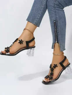 Rhinestone Patchwork Chunky Open Toe Heel