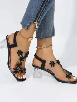 Rhinestone Patchwork Chunky Open Toe Heel