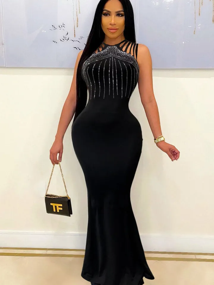 Rhinestone Sleeveless Bodycon Maxi Dress