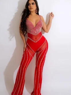 Rhinestone Spaghetti Strap Mesh Patchwork Jumpsuit