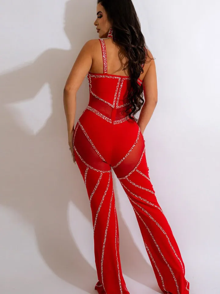 Rhinestone Spaghetti Strap Mesh Patchwork Jumpsuit