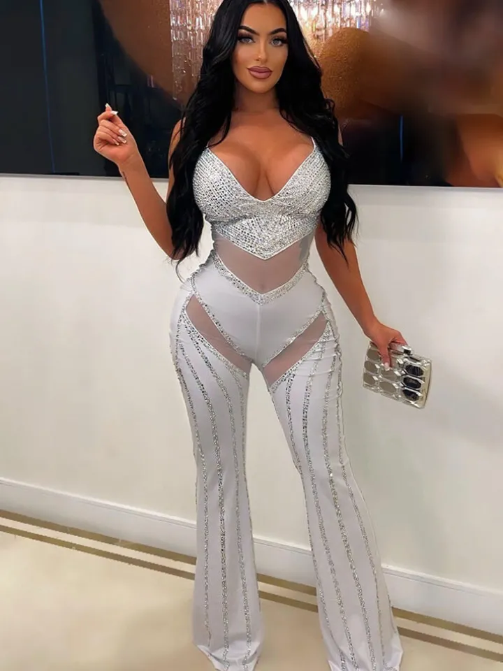 Rhinestone Spaghetti Strap Mesh Patchwork Jumpsuit