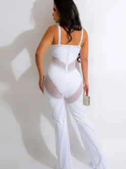 Rhinestone Spaghetti Strap Mesh Patchwork Jumpsuit