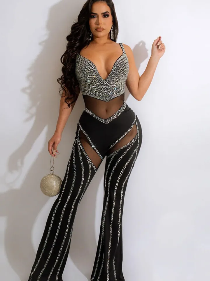 Rhinestone Spaghetti Strap Mesh Patchwork Jumpsuit