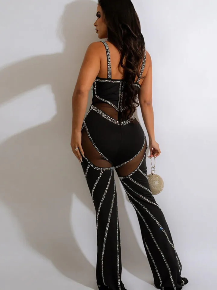 Rhinestone Spaghetti Strap Mesh Patchwork Jumpsuit