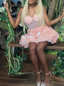 Rhinestone Spaghetti Strap Tulle Layered Dress