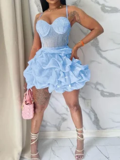 Rhinestone Spaghetti Strap Tulle Layered Dress