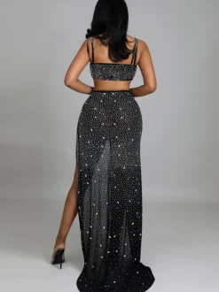 Rhinestone Spaghetti Strap High Split Maxi Dress