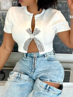 Rhinestone Split Hem Crop Top