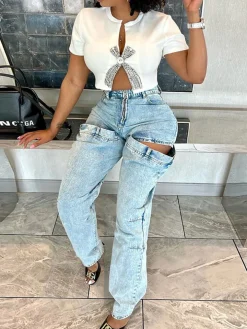 Rhinestone Split Hem Crop Top