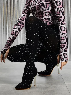 Rhinestone Stiletto Pointed Toe Pants Boots