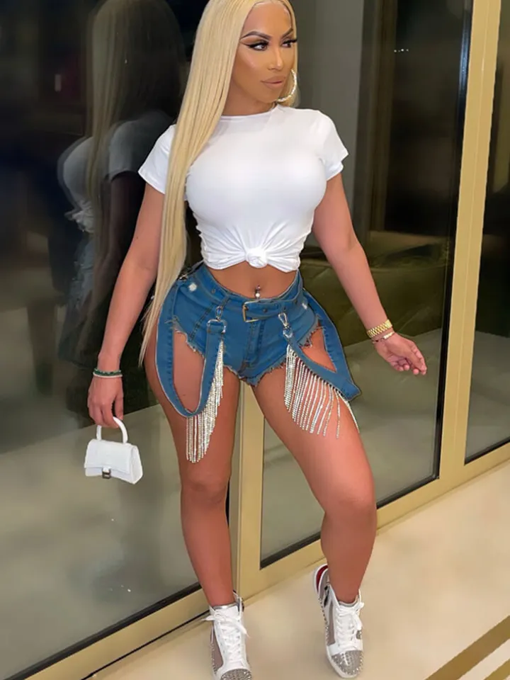 Rhinestone Tassel Patchwork Denim Bodycon Shorts
