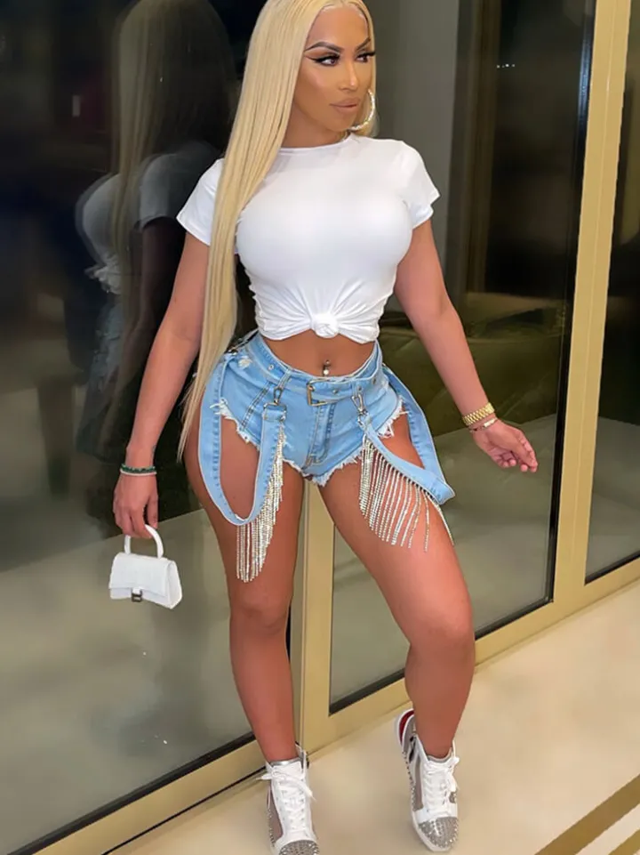 Rhinestone Tassel Patchwork Denim Bodycon Shorts