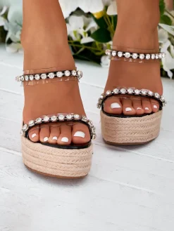 Rhinestone Transparent Strap Wedge Sandals