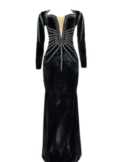 Rhinestone Velvet Mesh Maxi Dress