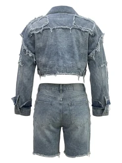 Ripped Patch Denim Jacket Shorts Set