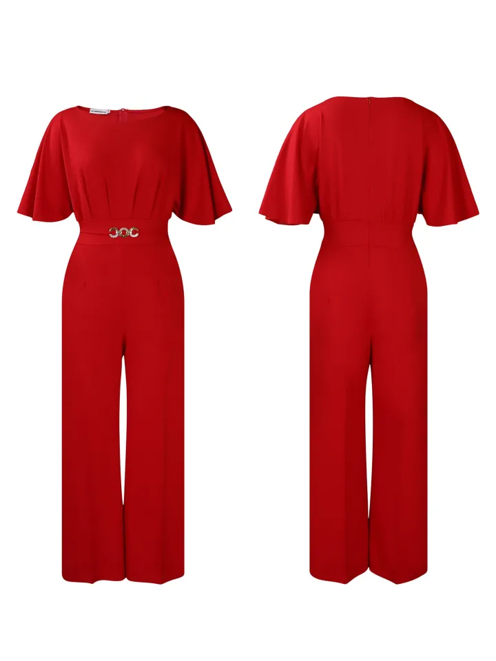 Round Neck Solid Color Wide-Leg Jumpsuit