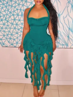 Ruffle Fringe Halter Mini Dress