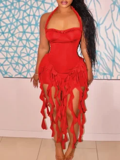 Ruffle Fringe Halter Mini Dress