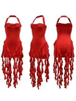 Ruffle Fringe Halter Mini Dress