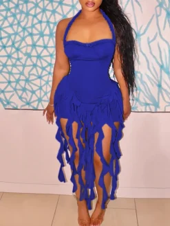 Ruffle Fringe Halter Mini Dress