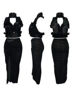 Ruffle Hem Top Ruched Slit Skirt Set