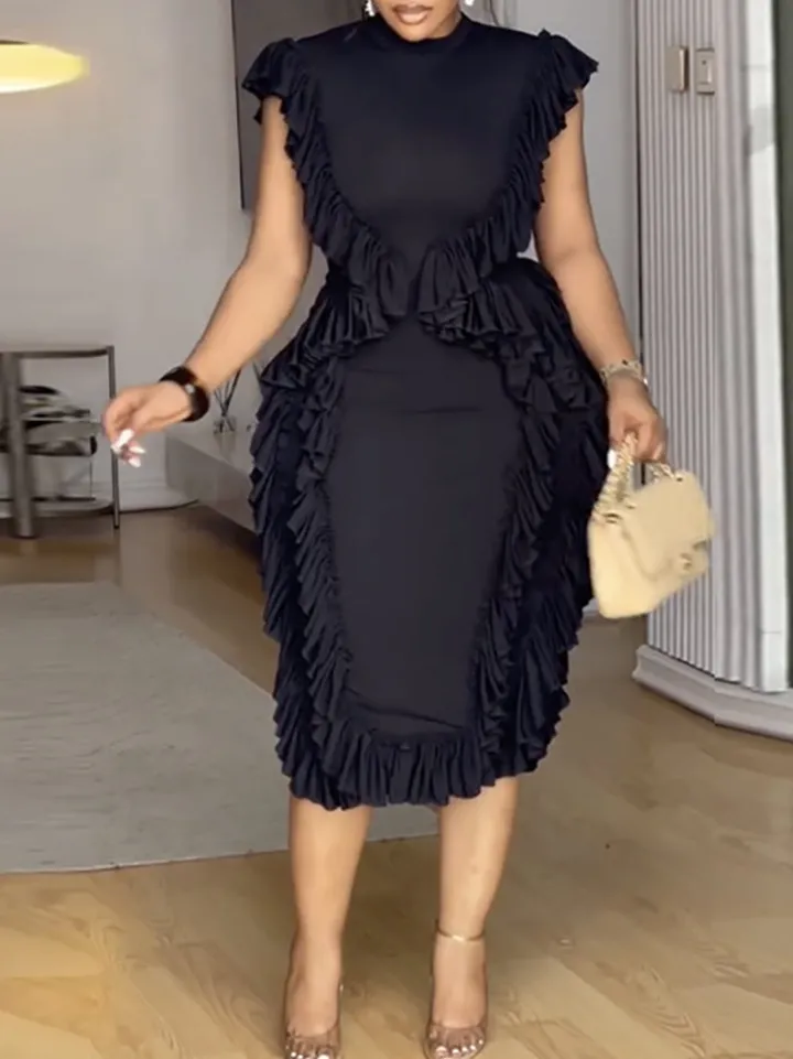 Ruffle Solid Color Midi Dress