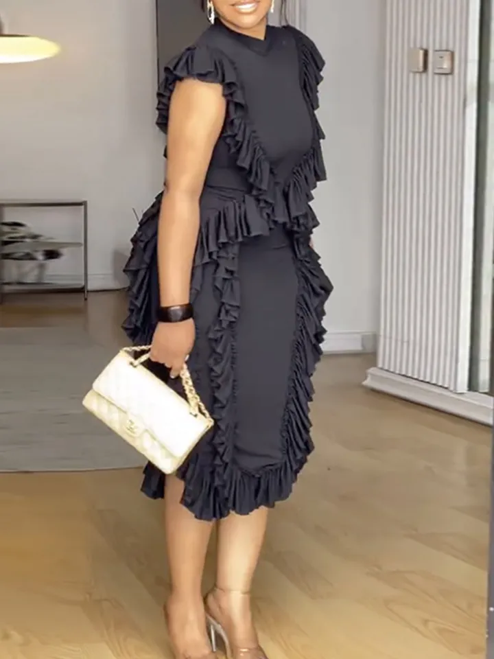 Ruffle Solid Color Midi Dress