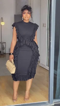 Ruffle Solid Color Midi Dress