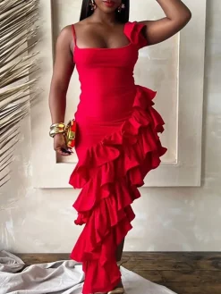 Ruffled Asymmetrical Ruched Cami Dress