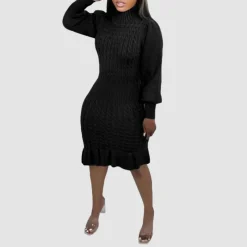 Ruffled Knitted Turtleneck Dress