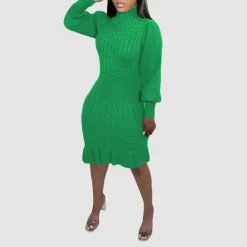 Ruffled Knitted Turtleneck Dress