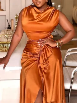 Satin Ruffle Ruched Asymmetrical Dress