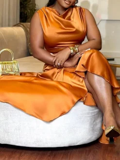 Satin Ruffle Ruched Asymmetrical Dress