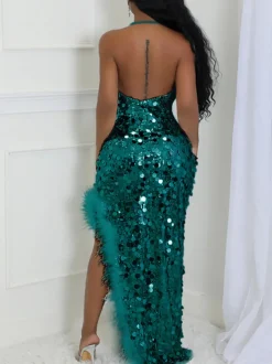 Sequin Halter Backless Feather Trim Dress