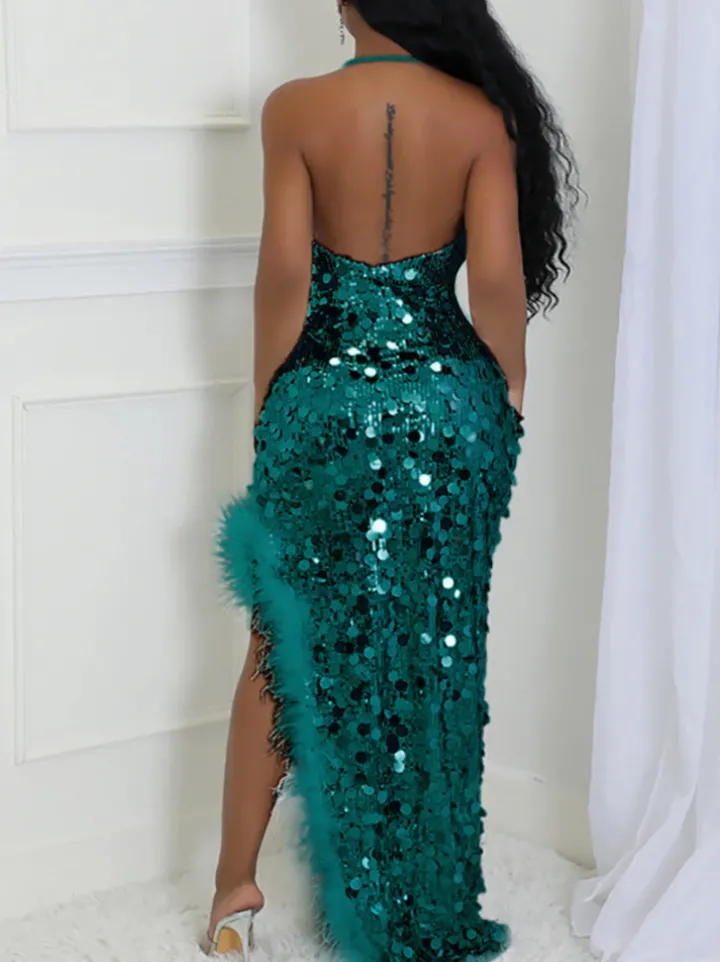 Sequin Halter Backless Feather Trim Dress