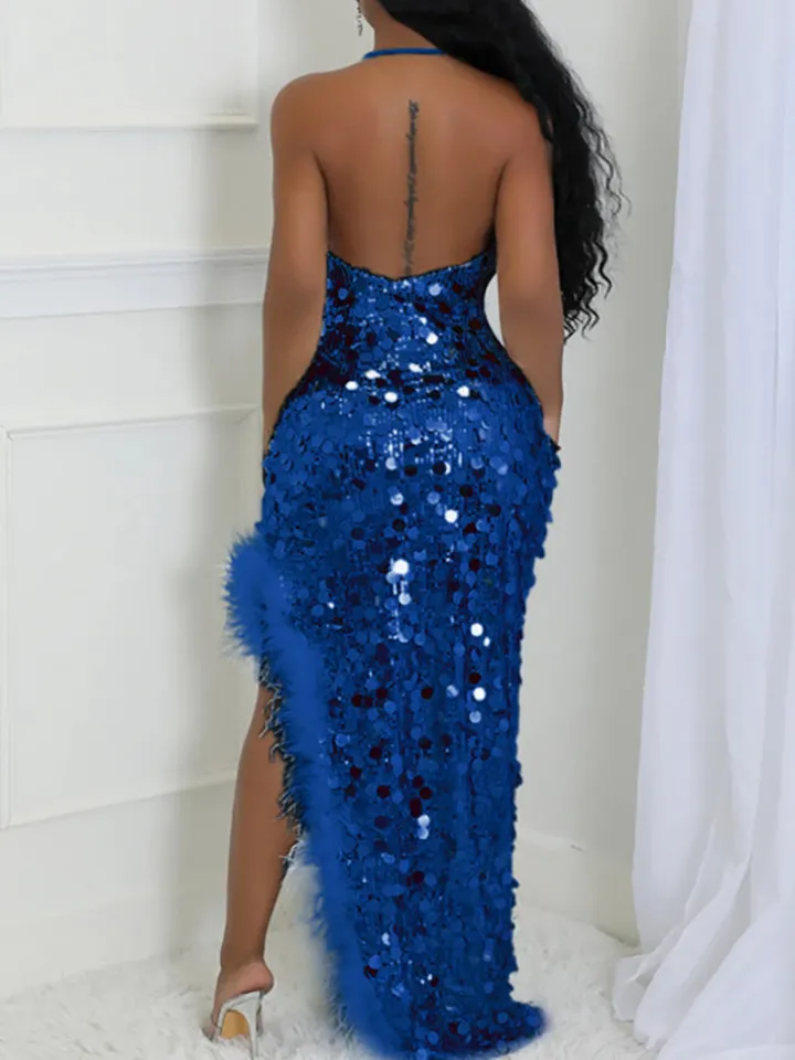 Sequin Halter Backless Feather Trim Dress