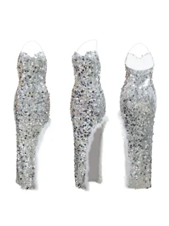 Sequin Halter Backless Feather Trim Dress