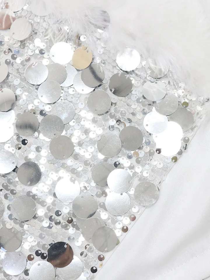 Sequin Halter Backless Feather Trim Dress