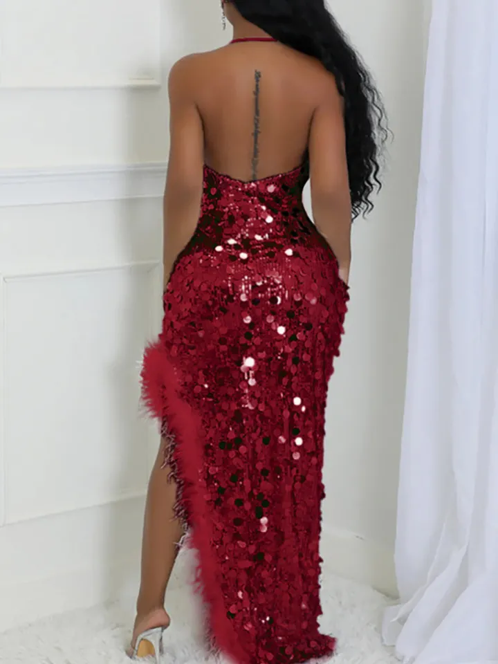 Sequin Halter Backless Feather Trim Dress