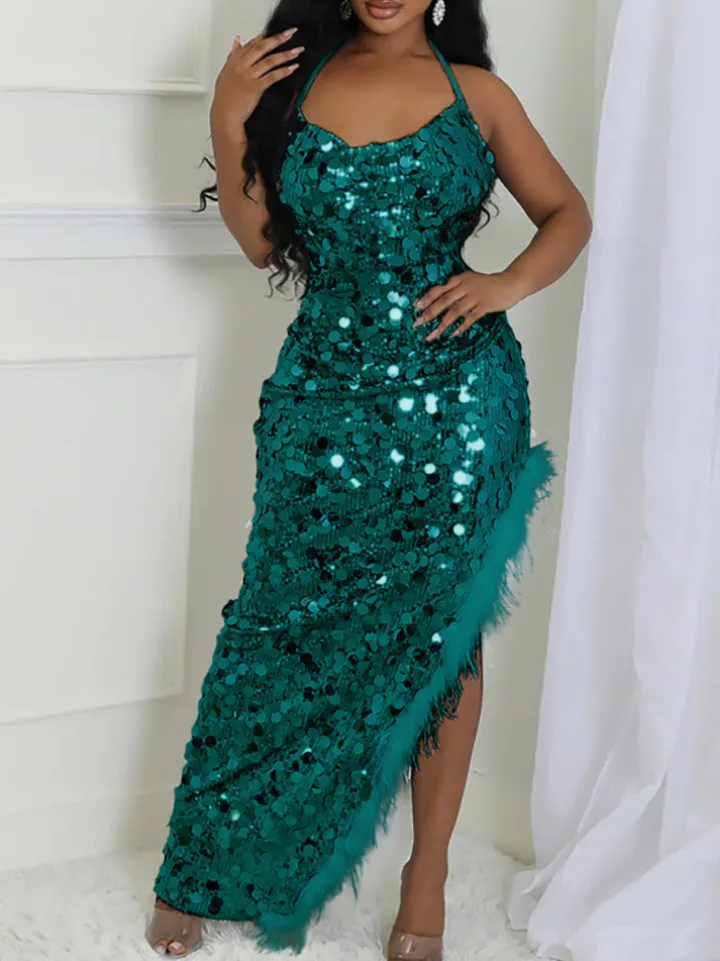 Sequin Halter Backless Feather Trim Dress