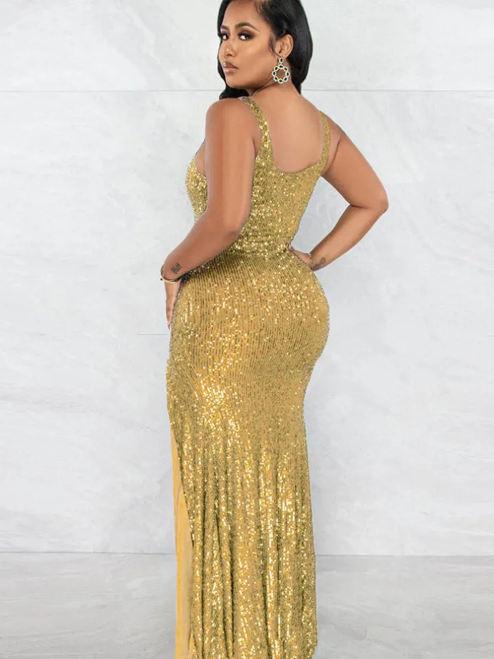 Sequin Sleevelesss Split Bodycon Maxi Dress